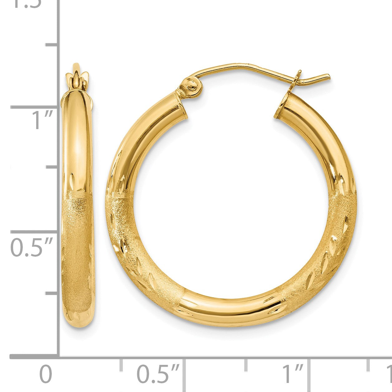 14k 3x25mm Satin Diamond-cut Round Tube Hoop Earrings