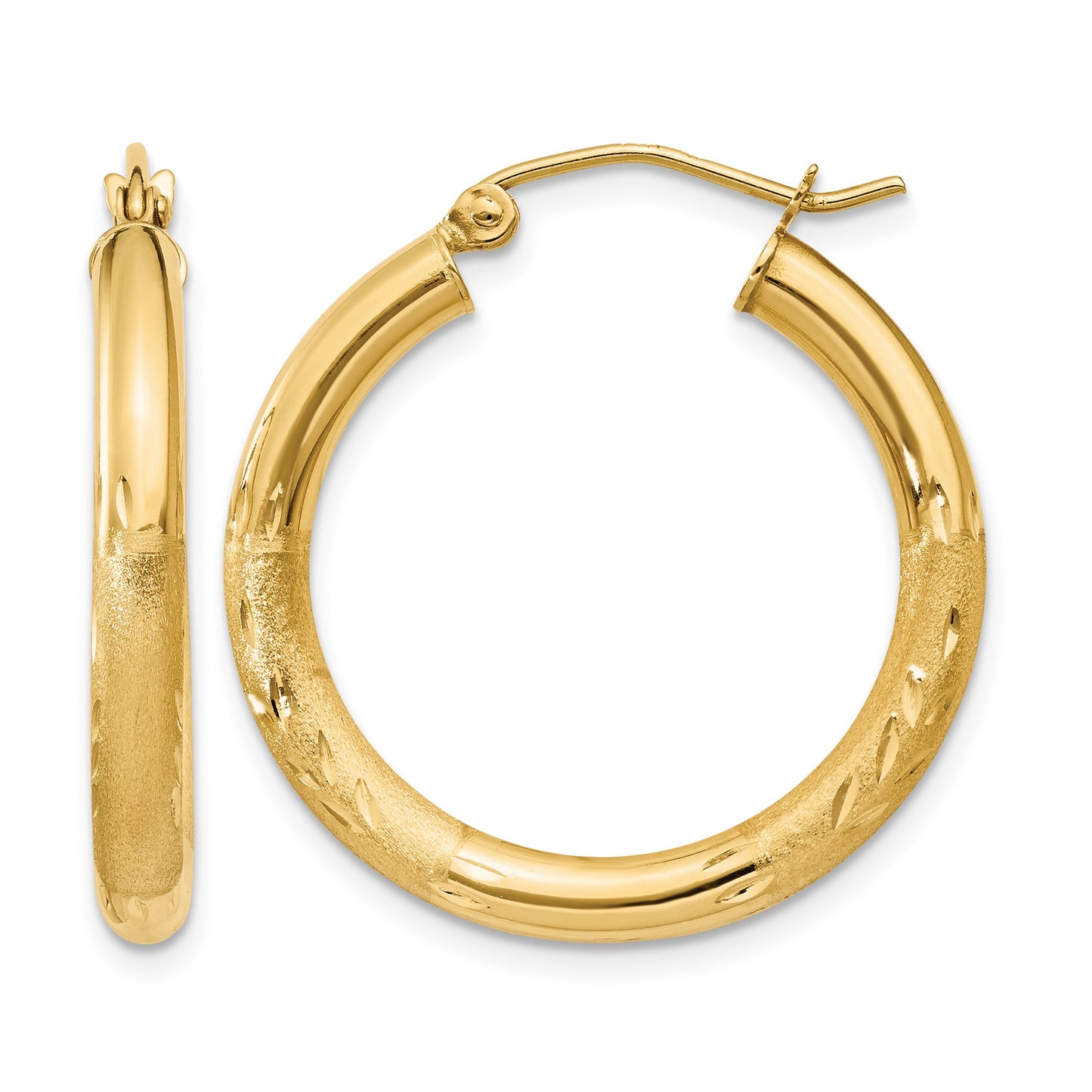 14k 3x25mm Satin Diamond-cut Round Tube Hoop Earrings
