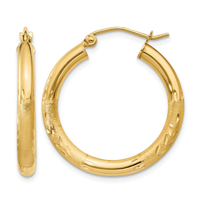 14k 3x25mm Satin Diamond-cut Round Tube Hoop Earrings