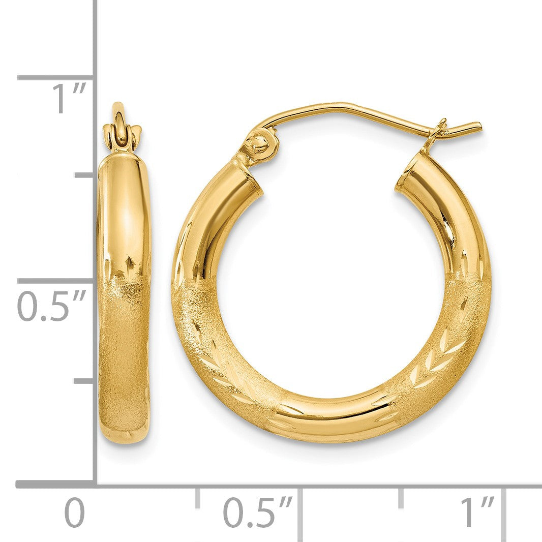 14k 3x20mm Satin Diamond-cut Round Tube Hoop Earrings