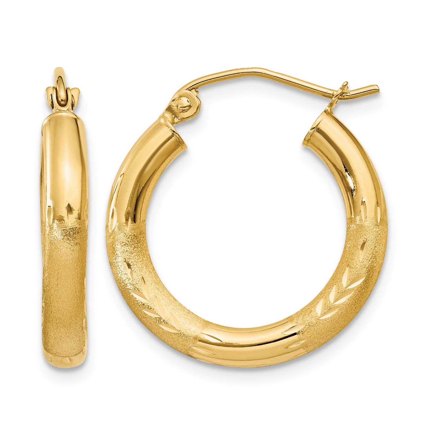 14k 3x20mm Satin Diamond-cut Round Tube Hoop Earrings