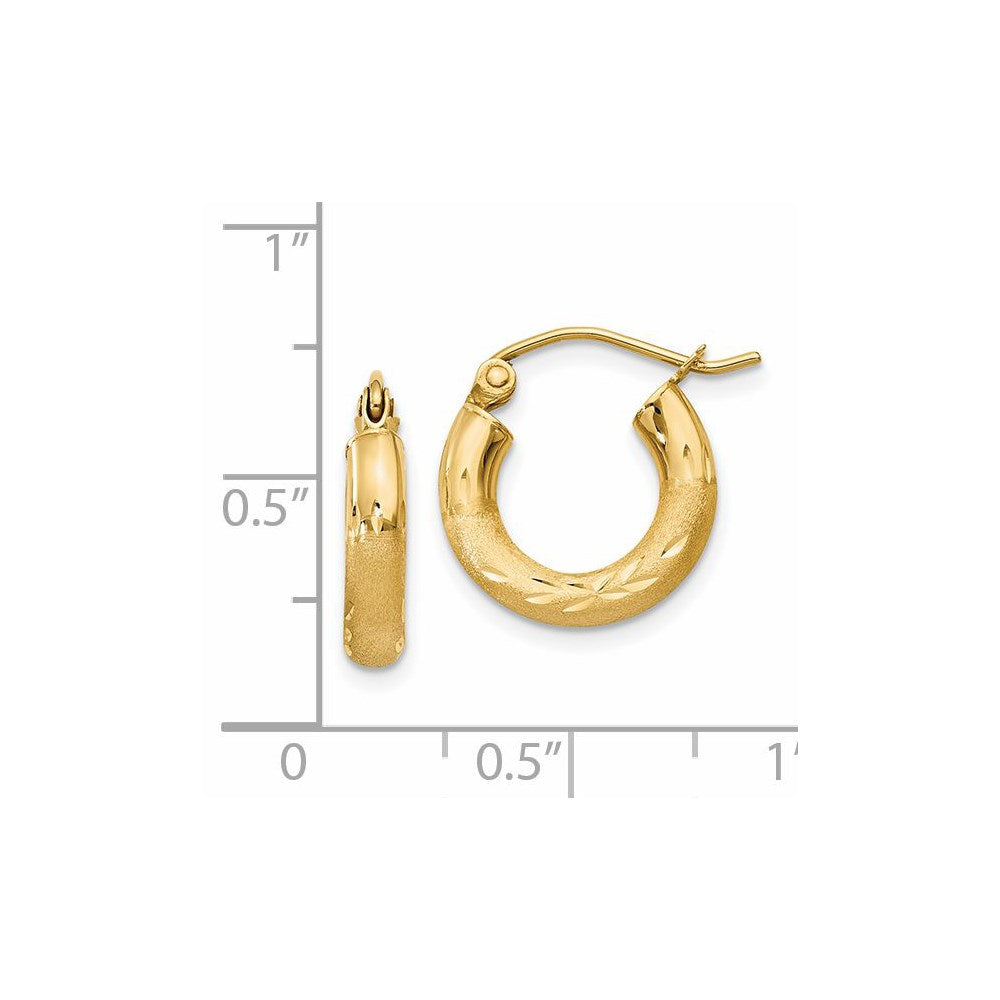 14k Satin and Diamond-cut 3mm Round Hoop Earrings