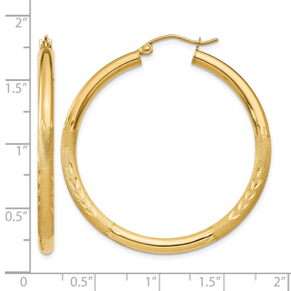 14k 3x40mm Satin Diamond-cut Round Tube Hoop Earrings