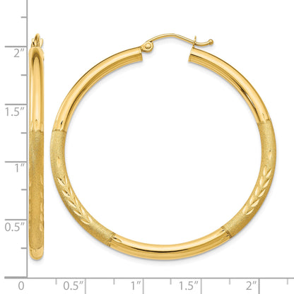 14k 3x45mm Satin Diamond-cut Round Tube Hoop Earrings