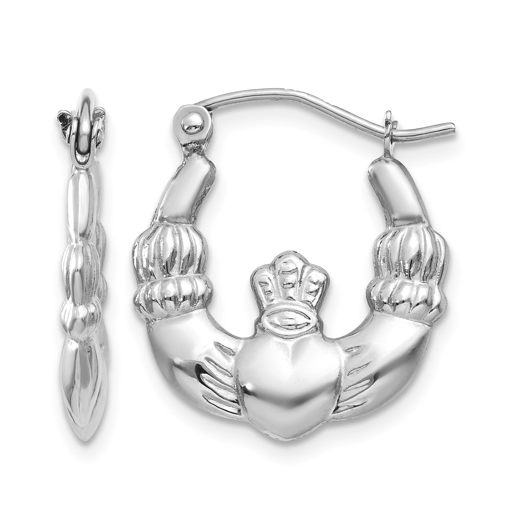 14k White Gold Claddagh Hoop Earrings