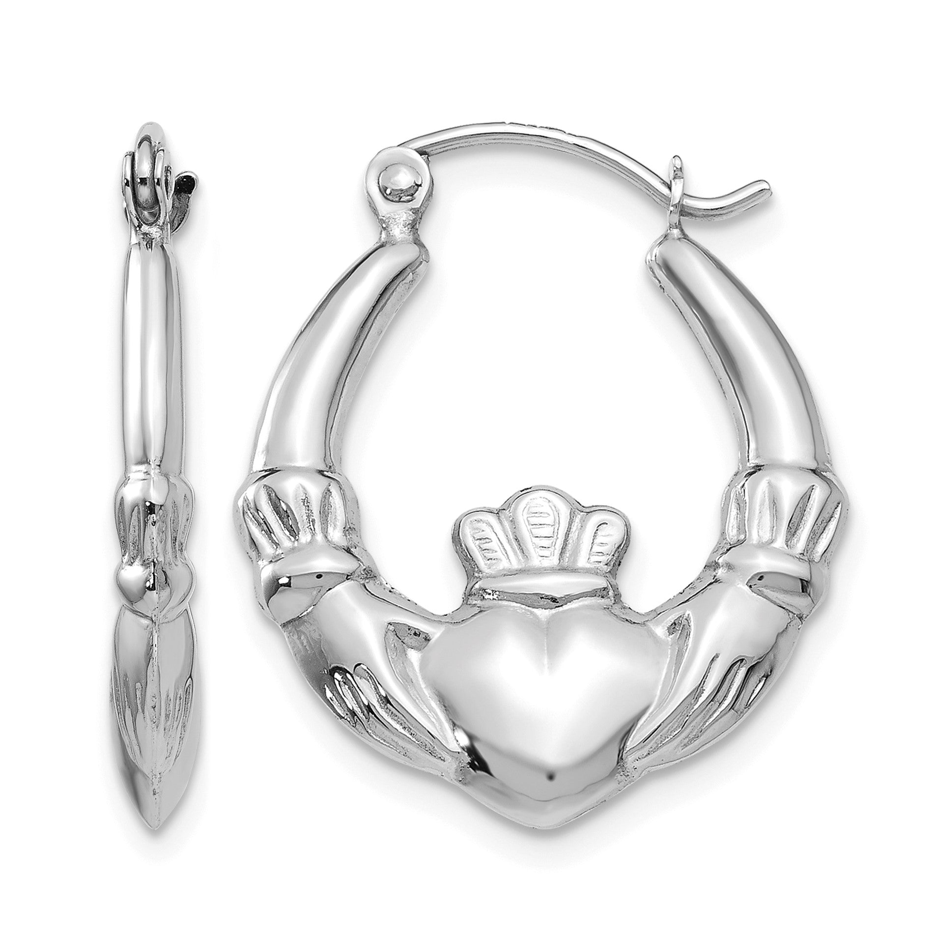 14k White Gold Claddagh Hoop Earrings
