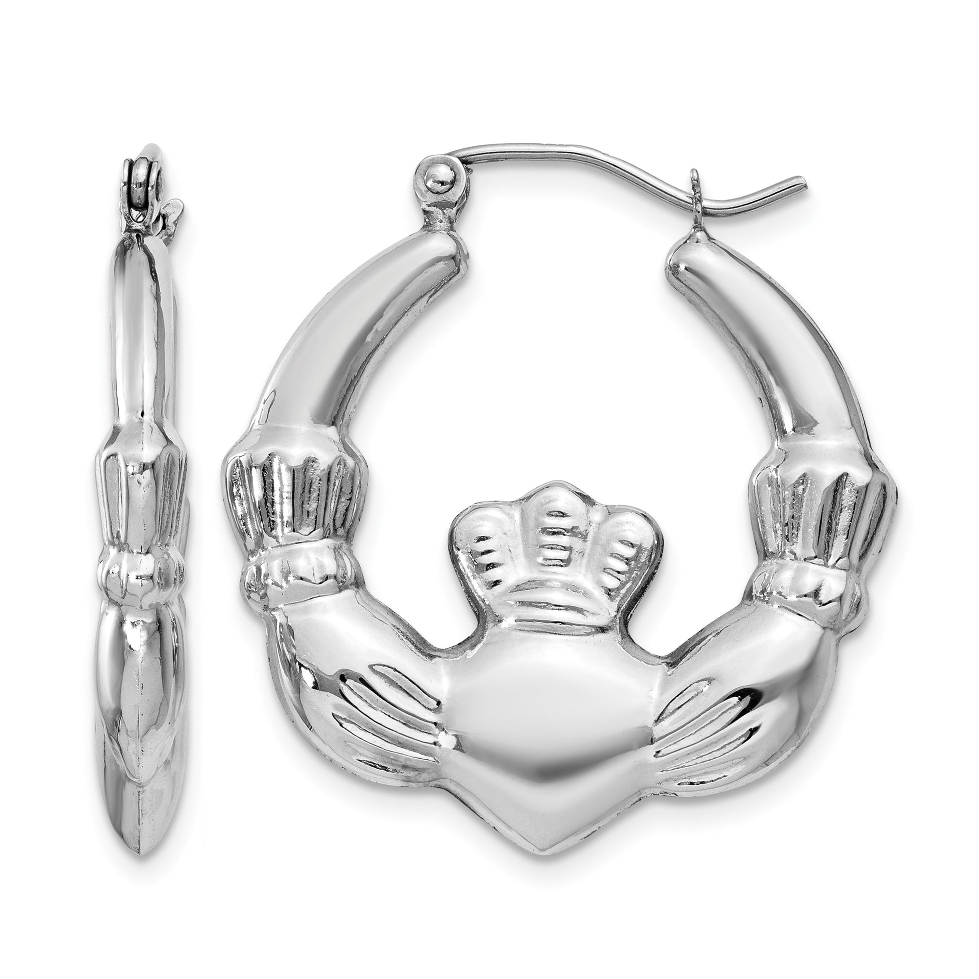 14k White Gold Claddagh Hoop Earrings
