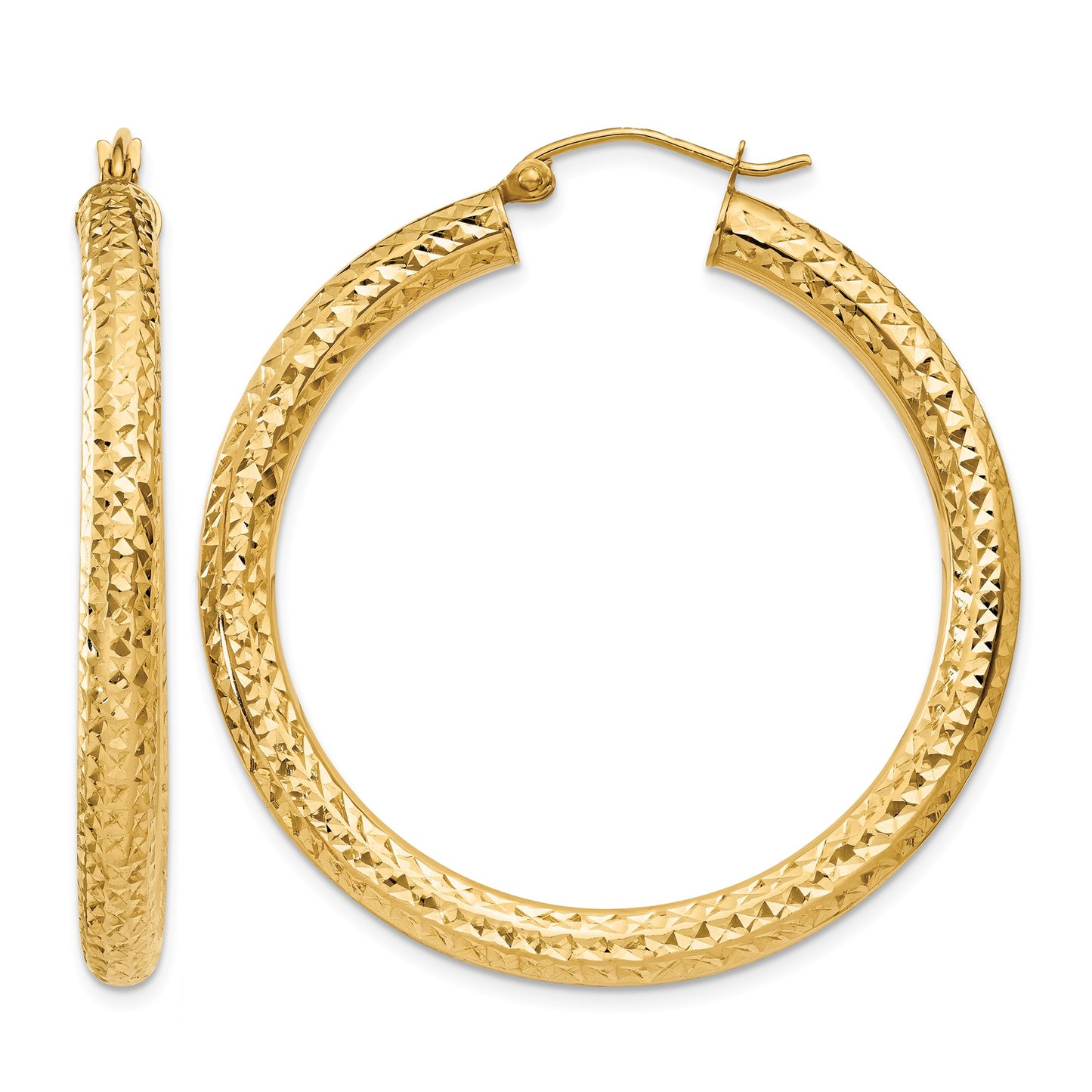 14k 4x40mm Diamond-cut Round Tube Hoop Earrings