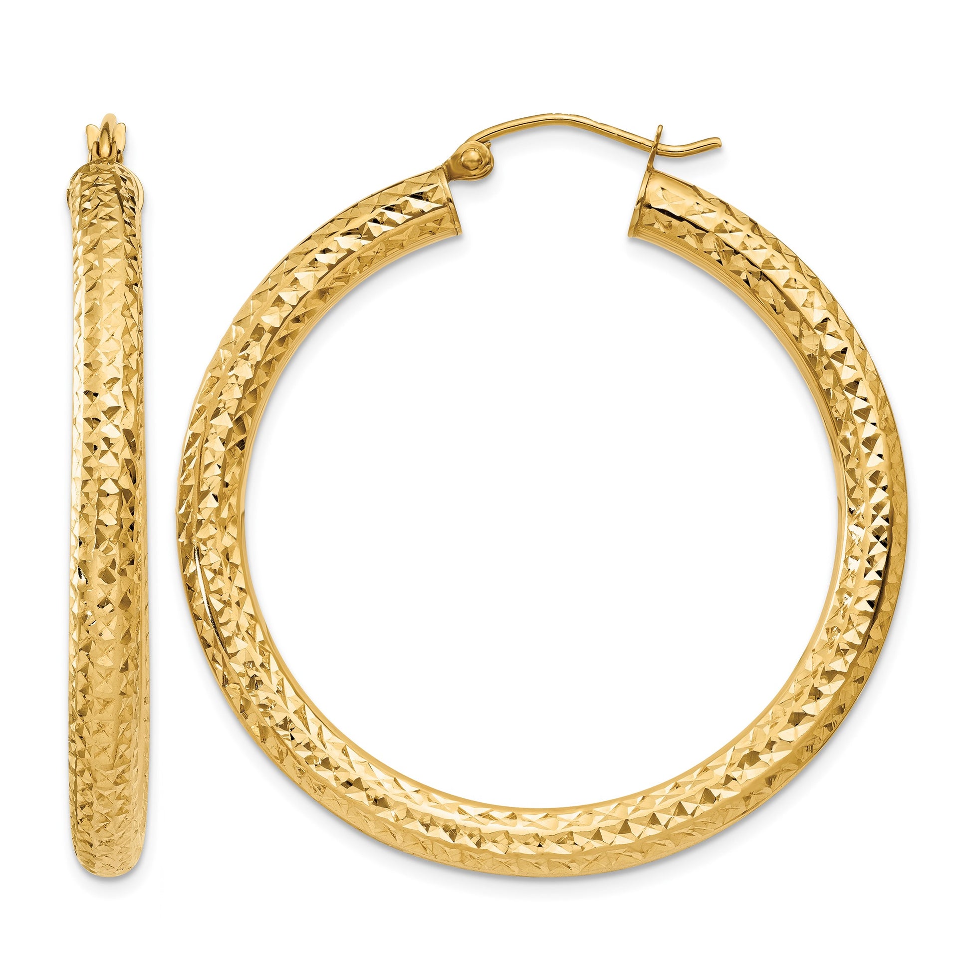 14k 4x40mm Diamond-cut Round Tube Hoop Earrings