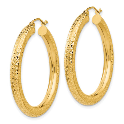 14k 4x35mm Diamond-cut Round Tube Hoop Earrings