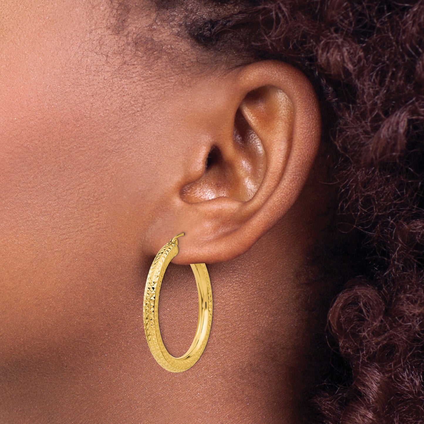 14k 4x35mm Diamond-cut Round Tube Hoop Earrings