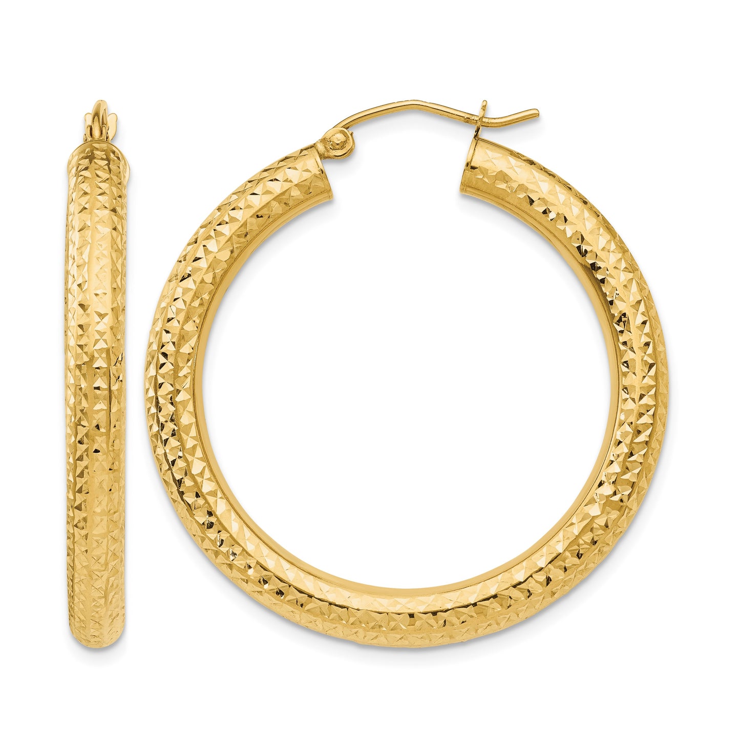 14k 4x35mm Diamond-cut Round Tube Hoop Earrings