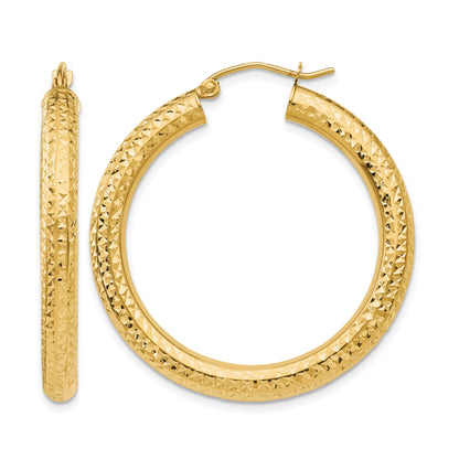 14k 4x35mm Diamond-cut Round Tube Hoop Earrings