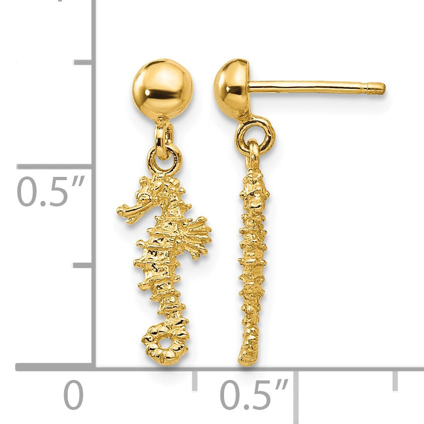 14k 3-D Mini Seahorse Dangle Post Earrings