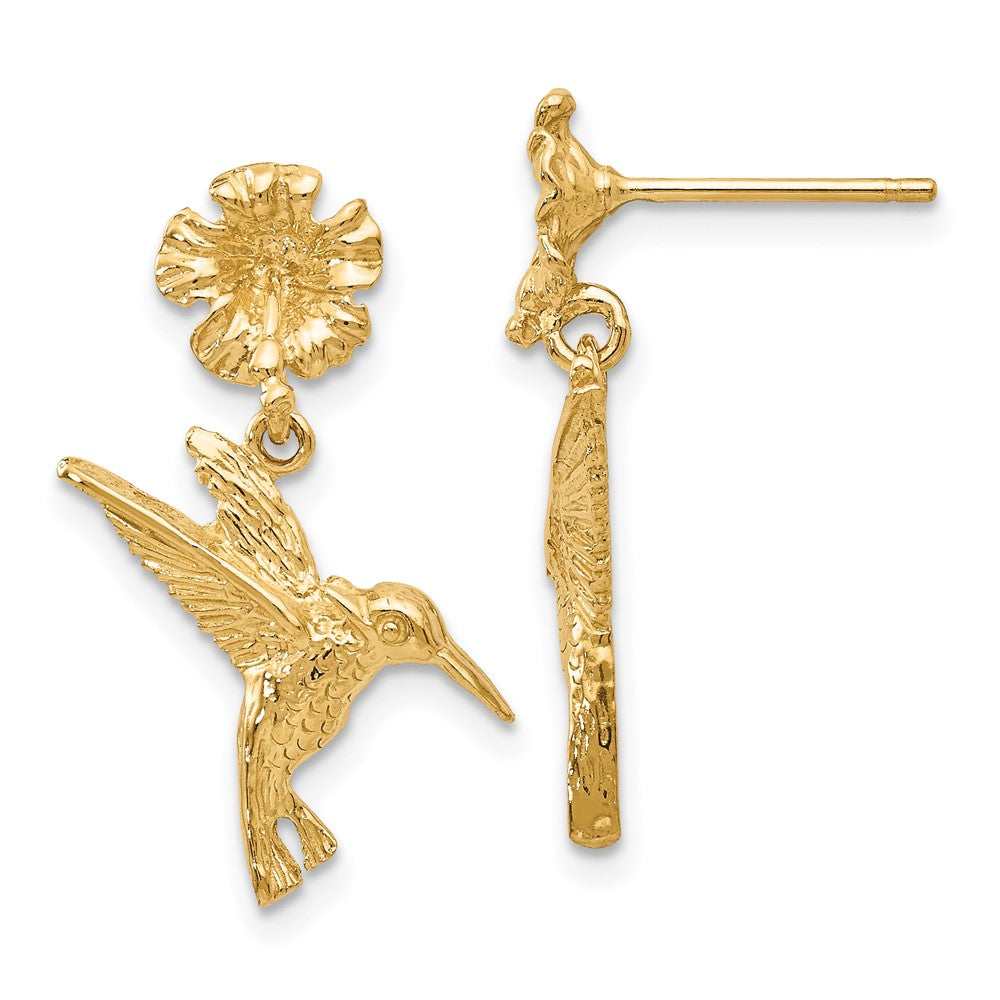 14k Hummingbird Dangles from Flower Post Earrings