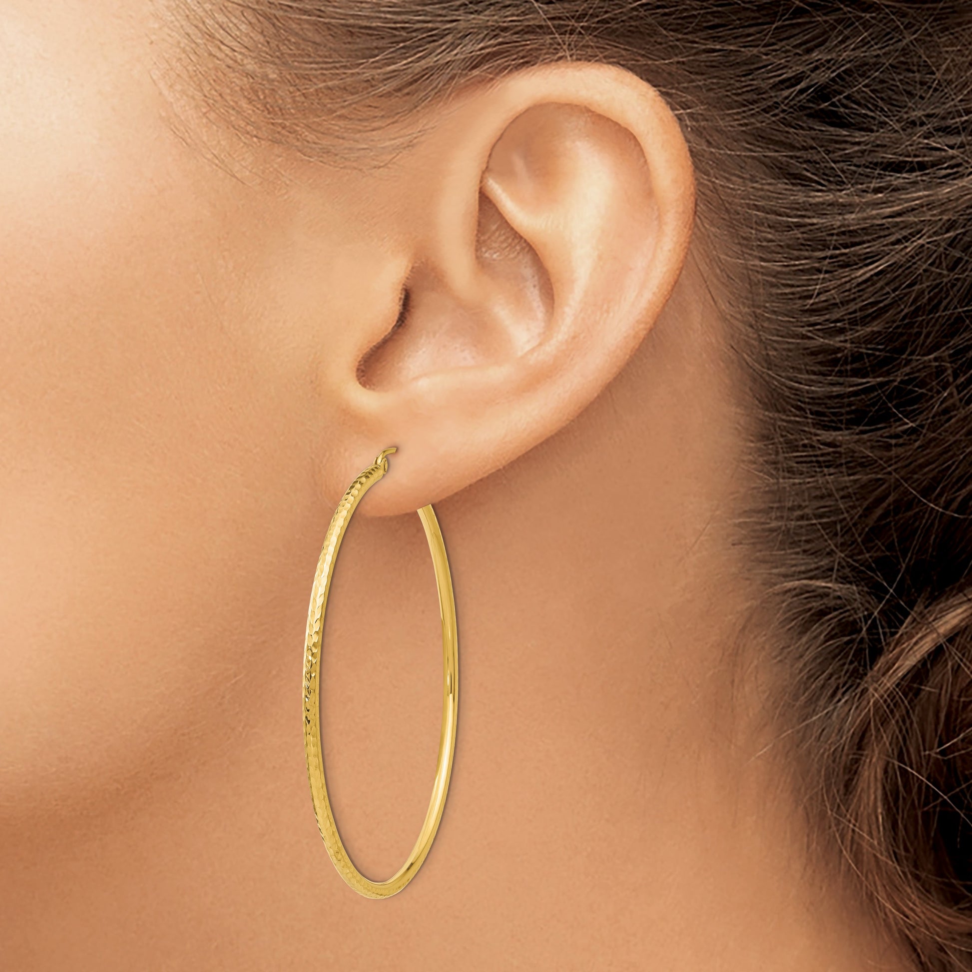 14k 2x55mm Diamond-cut Round Tube Hoop Earrings