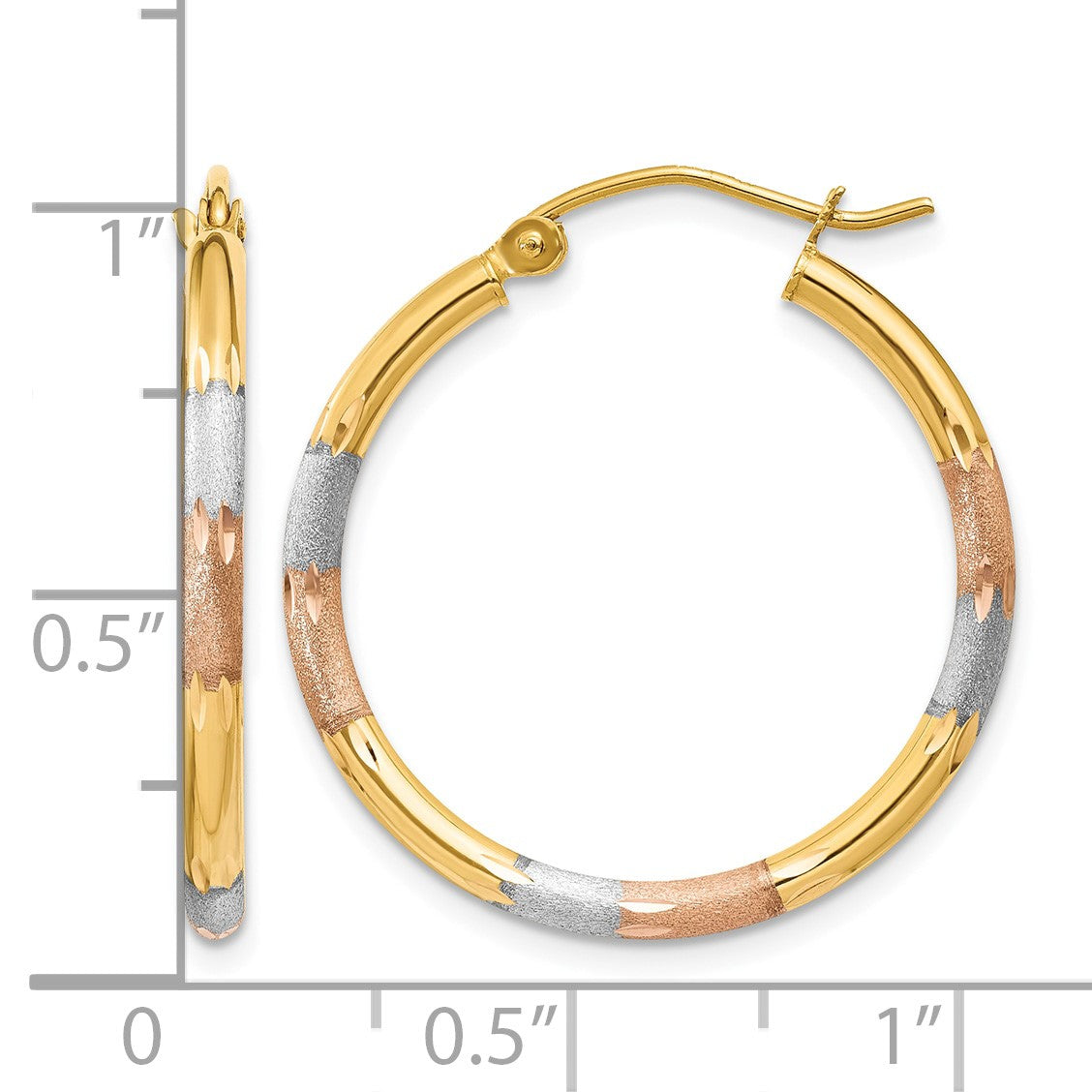 14K w/White and Rose Rhodium 2mm Satin & D/C Hoop Earrings