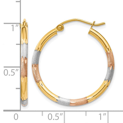 14K w/White and Rose Rhodium 2mm Satin & D/C Hoop Earrings