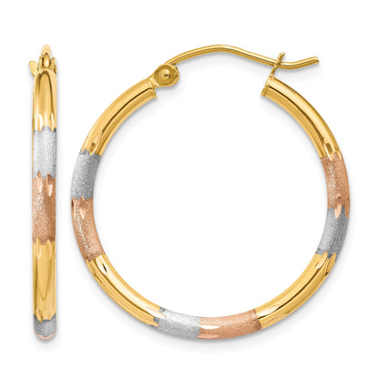 14K w/White and Rose Rhodium 2mm Satin & D/C Hoop Earrings