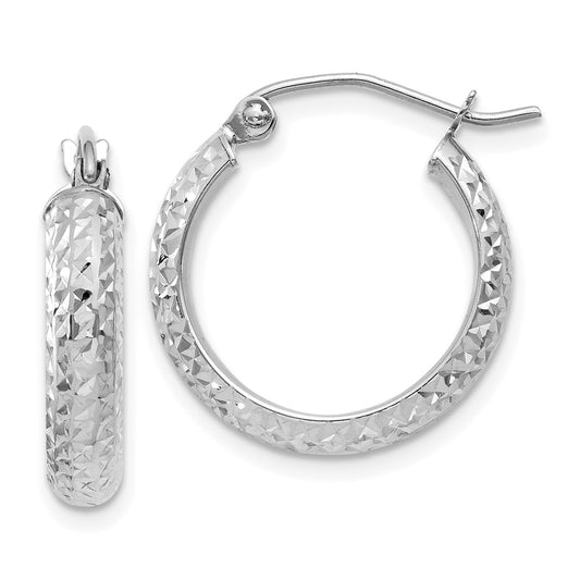 14K White Gold Diamond-cut 3.5x17mm Hollow Hoop Earrings