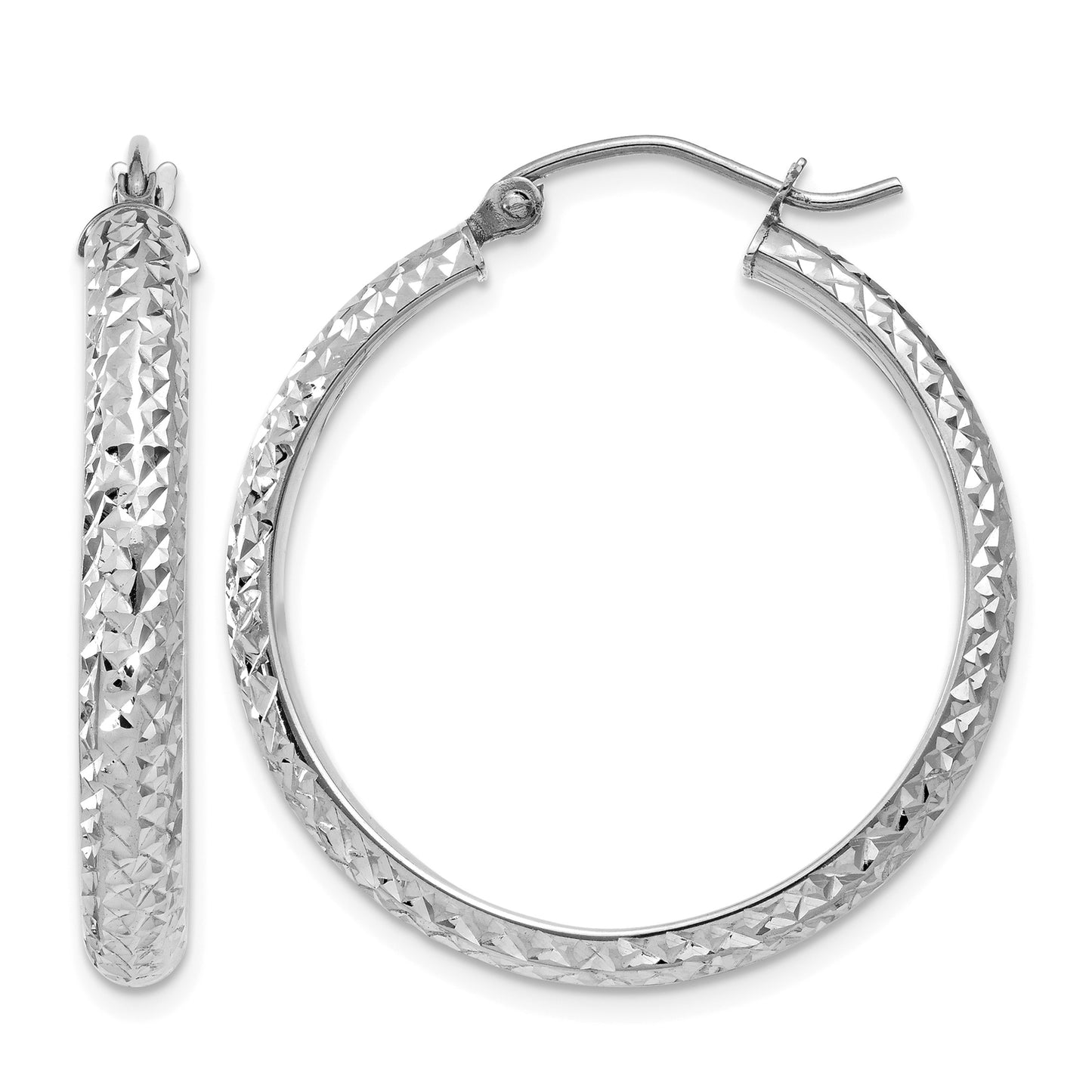 14K White Gold 3.5x28mm Diamond-cut Tube Hoop Earrings