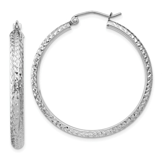 14K White Gold 3.5x34mm Diamond-cut Tube Hoop Earrings