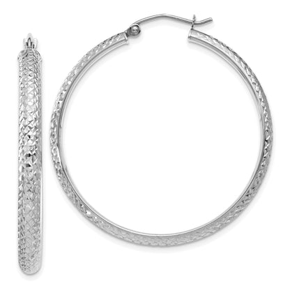14K White Gold 3.5x38mm Diamond-cut Tube Hoop Earrings