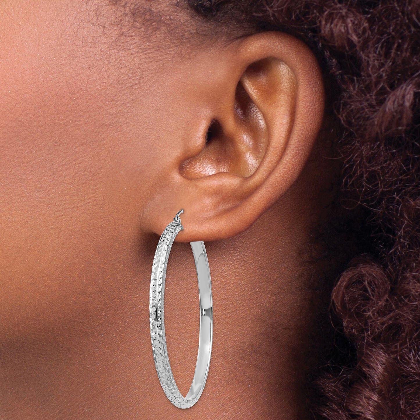 14K White Gold 3.5x46mm Diamond-cut Tube Hoop Earrings