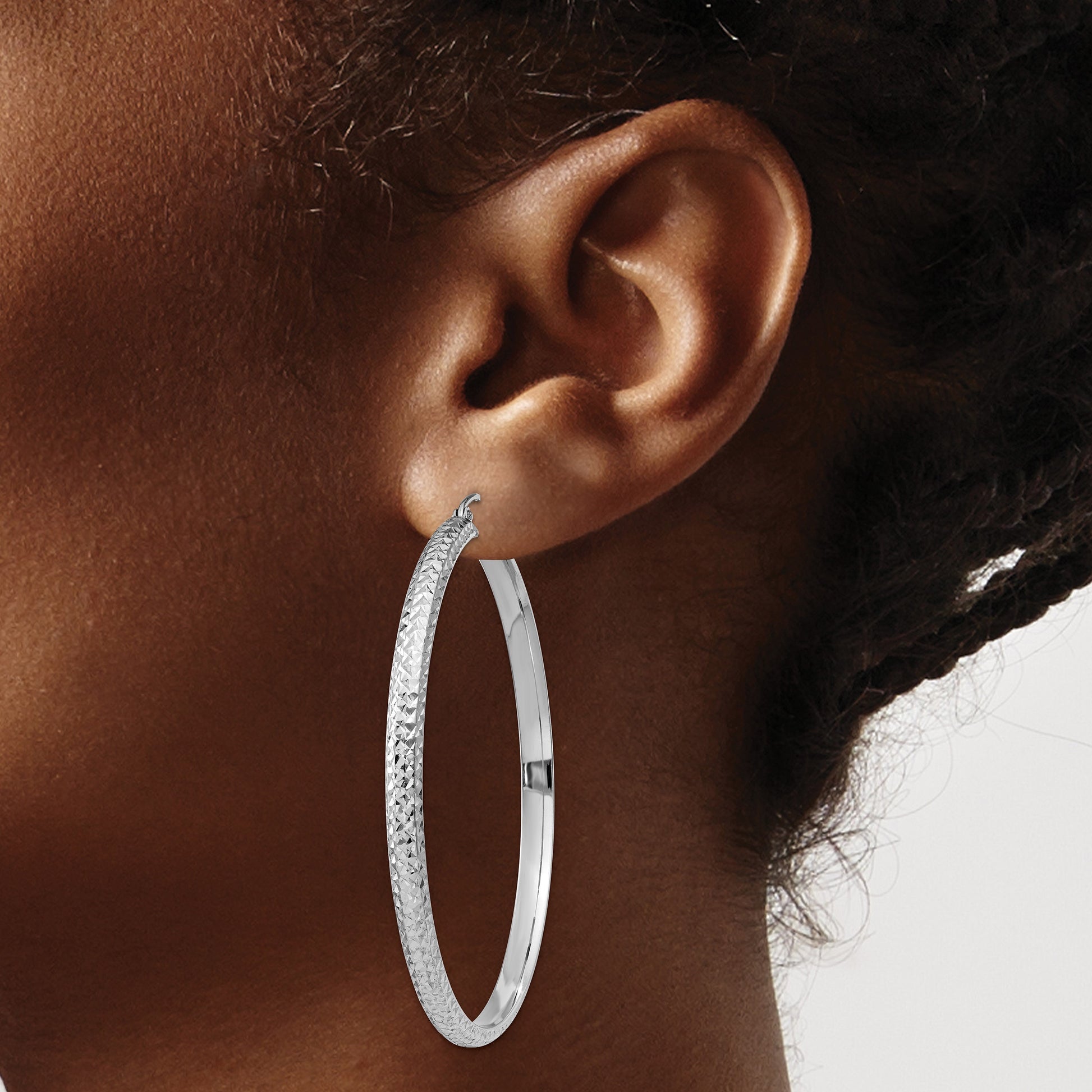 14K White Gold 3.5x52mm Diamond-cut Tube Hoop Earrings