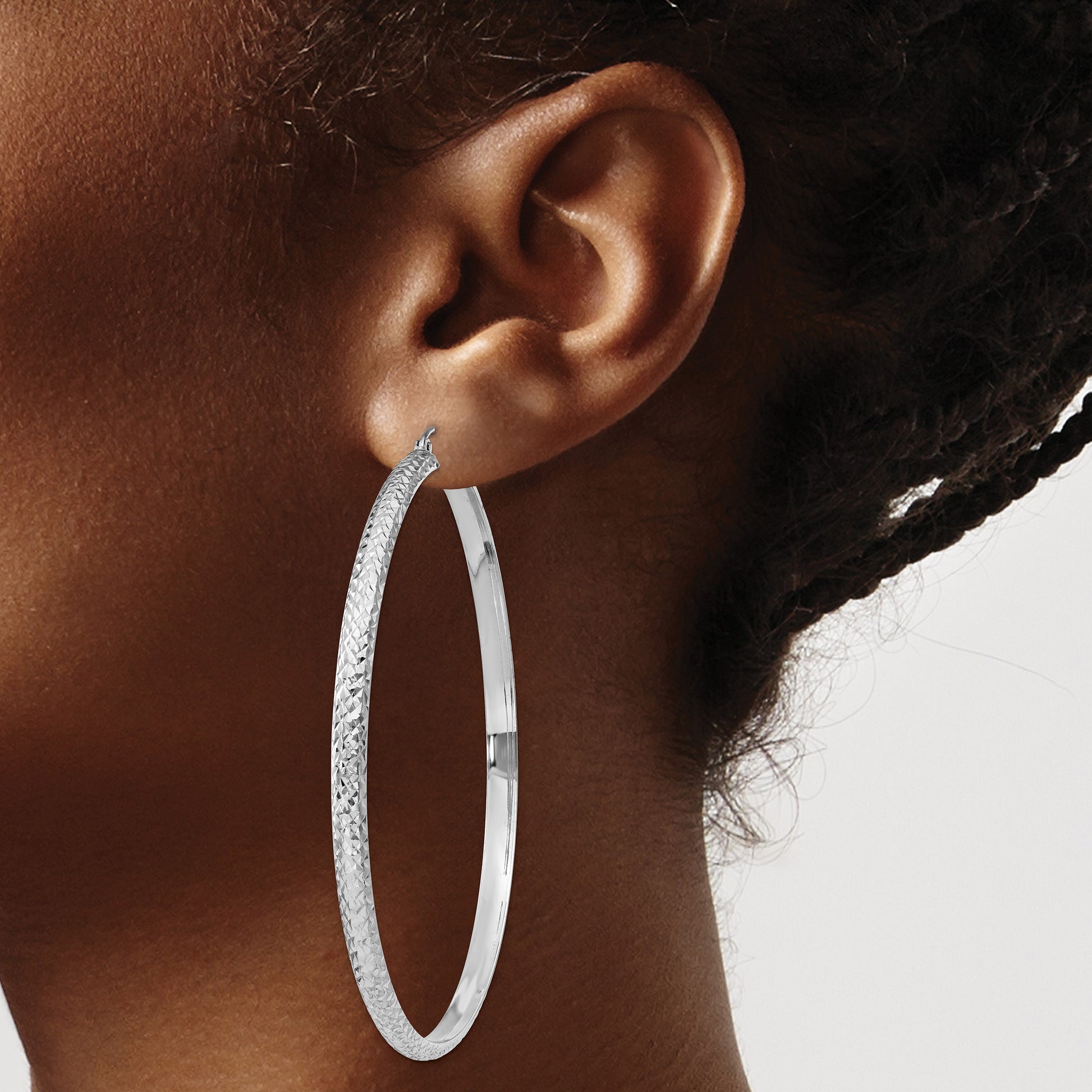 14K White Gold 3.5x65mm Diamond-cut Tube Hoop Earrings