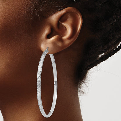 14K White Gold 3.5x65mm Diamond-cut Tube Hoop Earrings