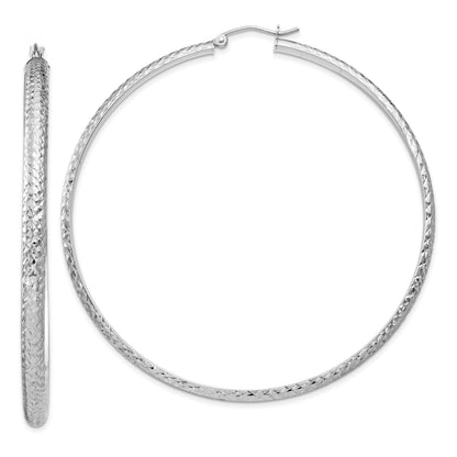 14K White Gold 3.5x65mm Diamond-cut Tube Hoop Earrings
