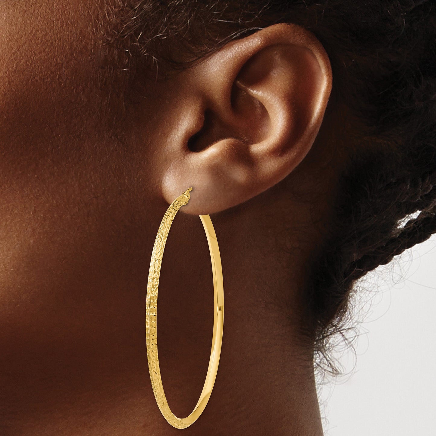 14K 2.5x55mm Knife-Edge Diamond-cut Tube Hoop Earrings