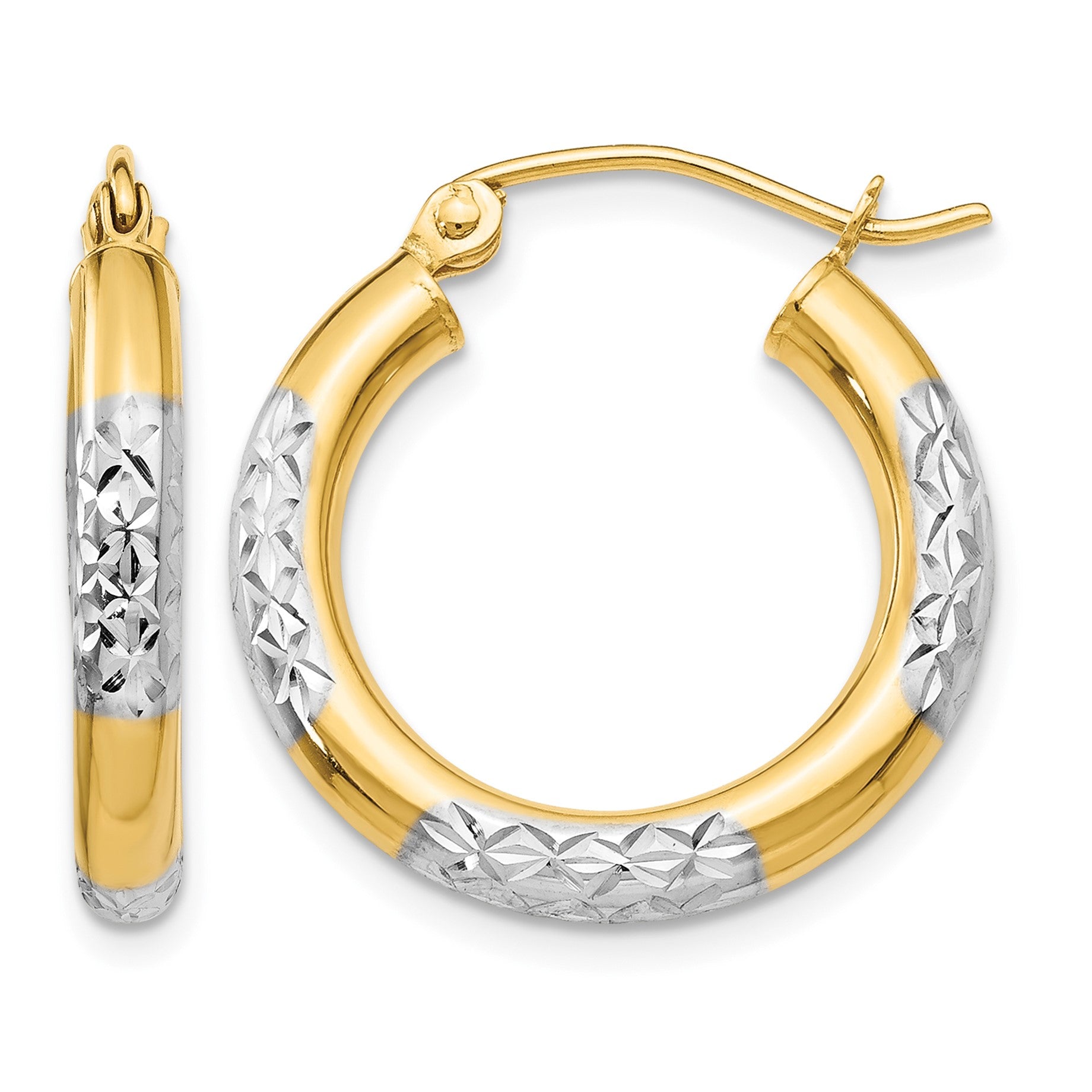 14K & Rhodium Diamond-cut 3x20mm Hoop Earrings