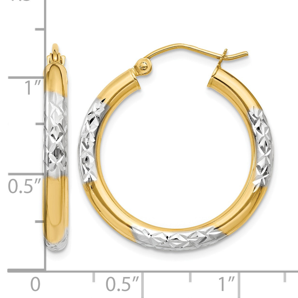 14K and Rhodium Diamond-cut 3x25mm Hoop Earrings