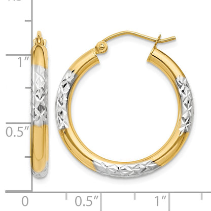 14K and Rhodium Diamond-cut 3x25mm Hoop Earrings