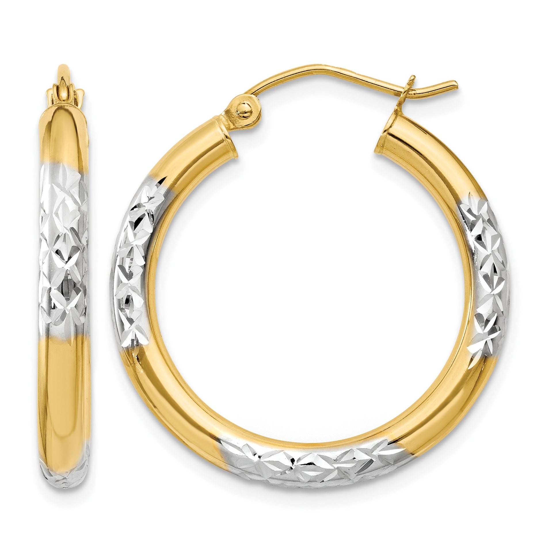 14K and Rhodium Diamond-cut 3x25mm Hoop Earrings