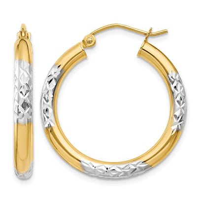 14K and Rhodium Diamond-cut 3x25mm Hoop Earrings