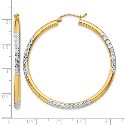 14K and Rhodium Diamond-cut 3x45mm Hoop Earrings