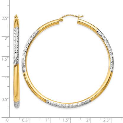 14K and Rhodium Diamond-cut 3x55mm Hoop Earrings