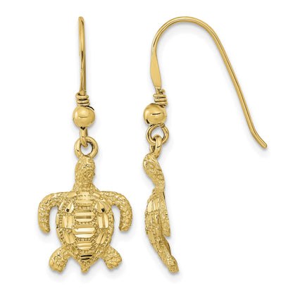 14k Polished and Textured Diamond-cut Turtle French Hook Earrings