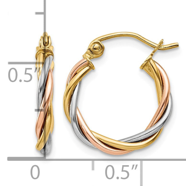 14k Tri-color Polished 2.5mm Twisted Hoop Earrings