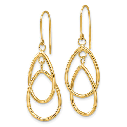 14k Polished Double Teardrop Dangle Wire Earrings