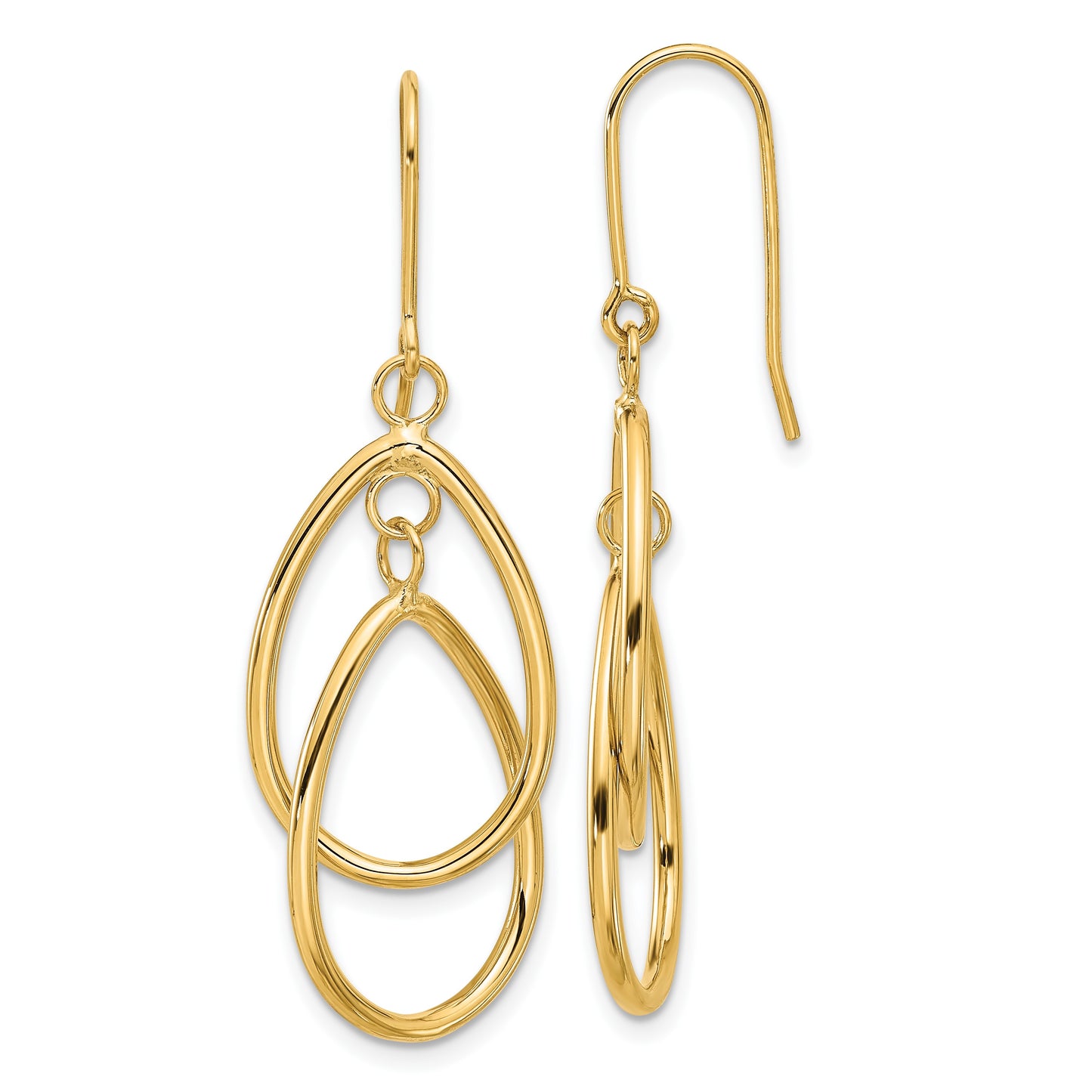 14k Polished Double Teardrop Dangle Wire Earrings