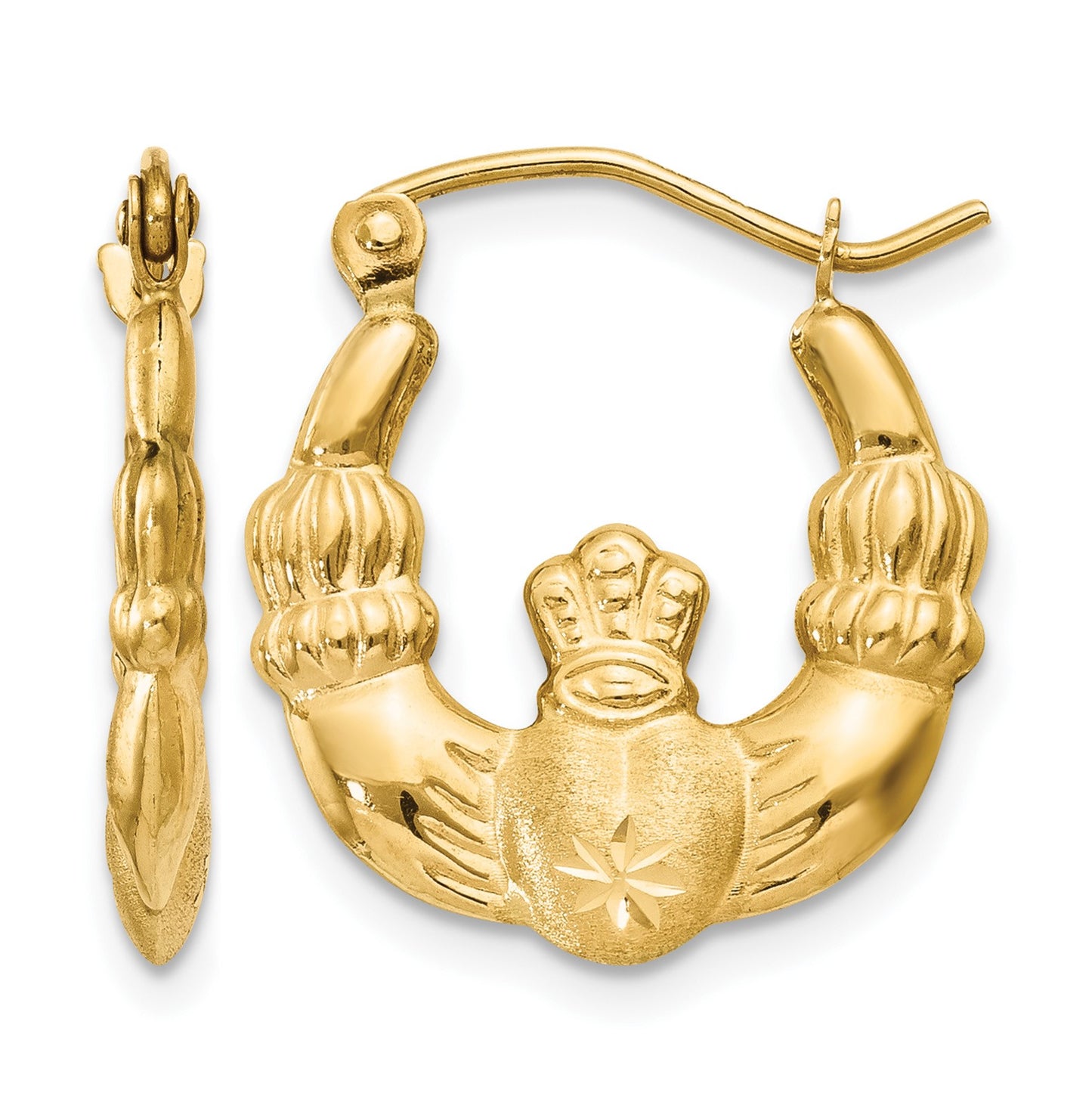 14k Polished and Satin Claddagh Hoop Earrings
