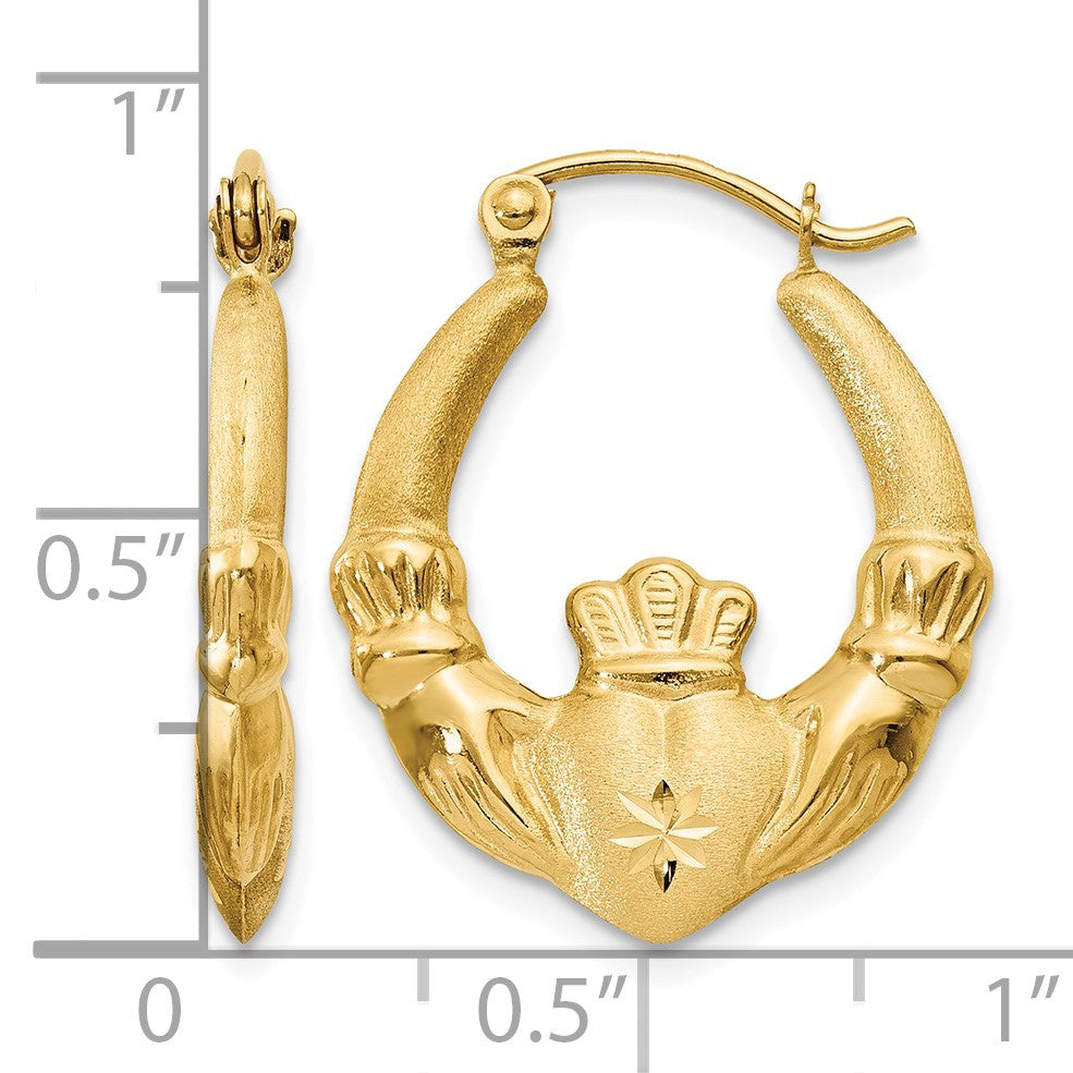 14k Polished and Satin Claddagh Hoop Earrings