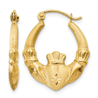 14k Polished and Satin Claddagh Hoop Earrings