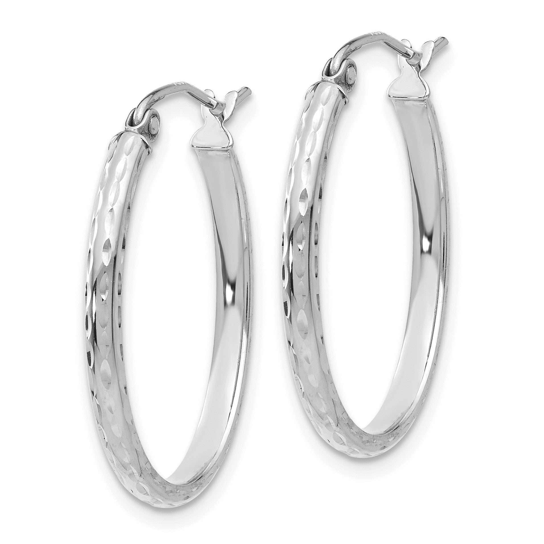 14k White Gold 2.5x25mm Lightweight Diamond-cut Oval Tube Hoop Earrings
