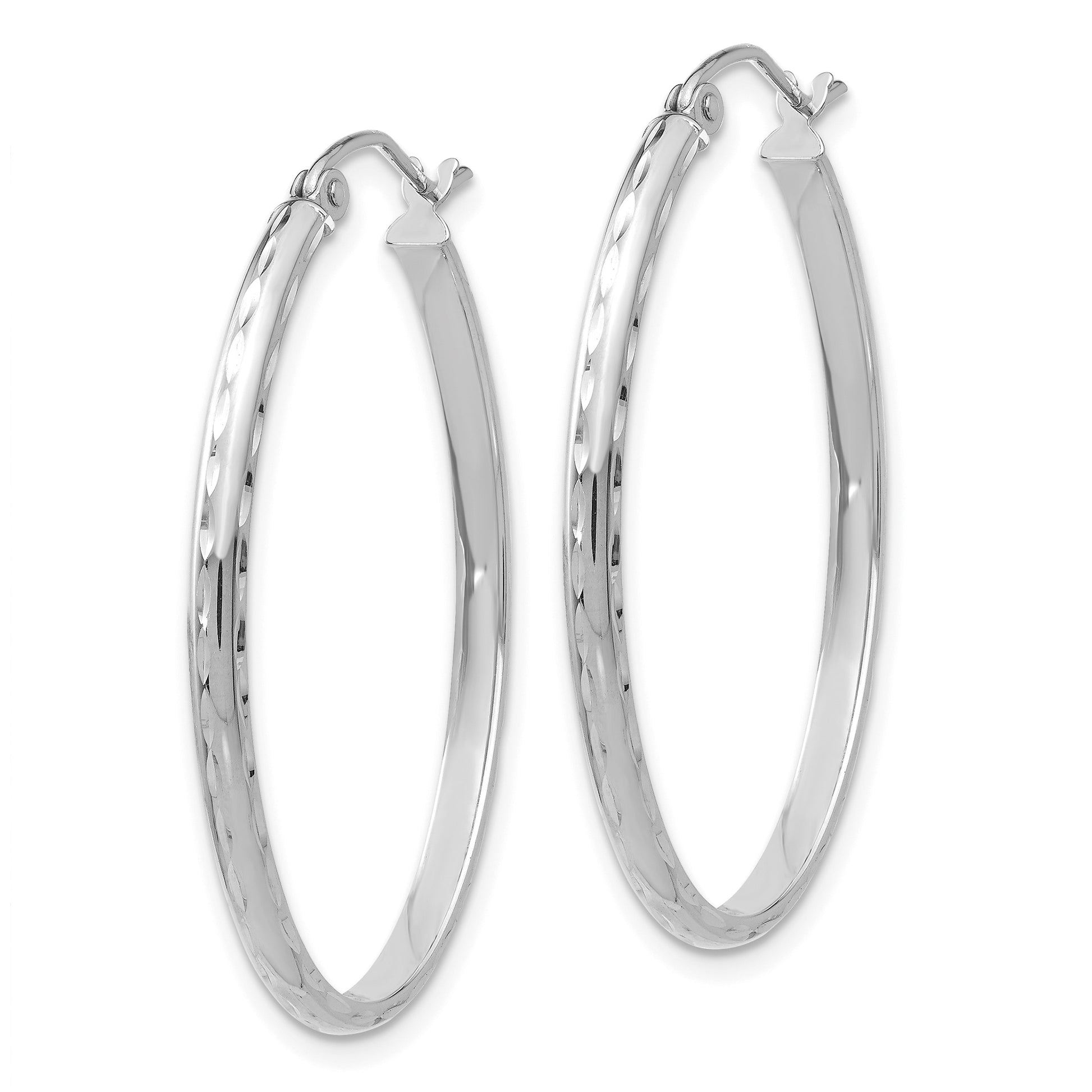14k White Gold 2.5x35mm Lightweight Diamond-cut Oval Tube Hoop Earrings