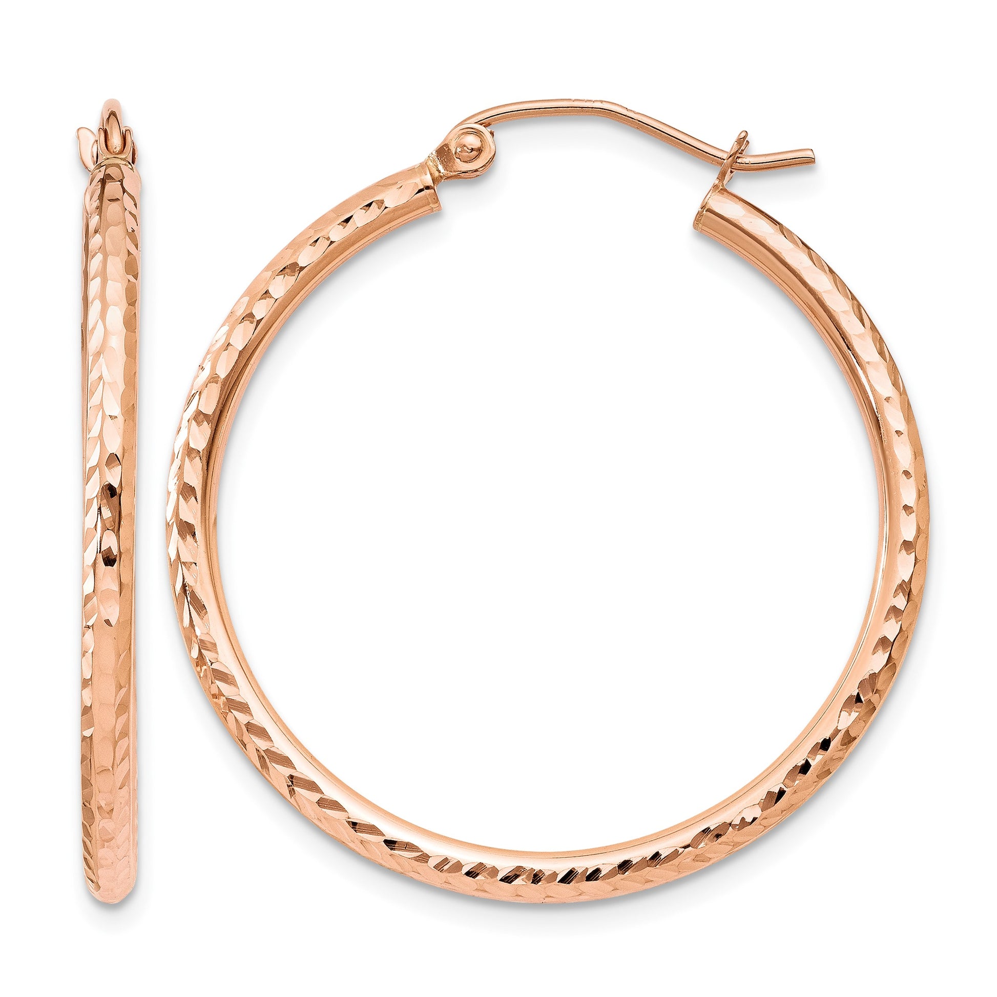 14k Rose Gold 2x30mm Diamond-cut Polished Tube Hoop Earrings